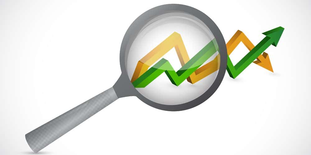 magnify glass over an arrow graph isolated